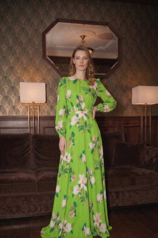 Satin Floral Print Dress - Elegant Green Long Dress