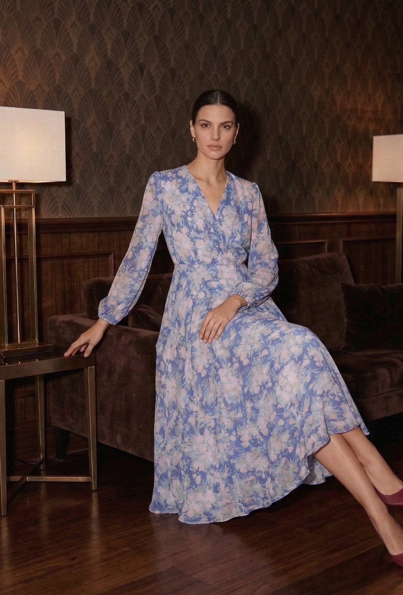 Tencel V-Neck Dress with Floral Print and Three-Quarter Sleeves