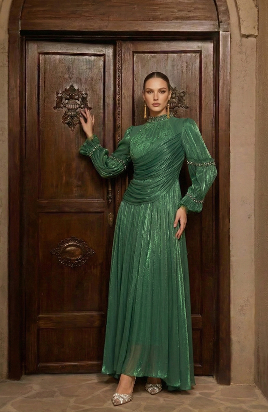 Modern Vintage Beaded Trim Long Sleeve Maxi Dress
