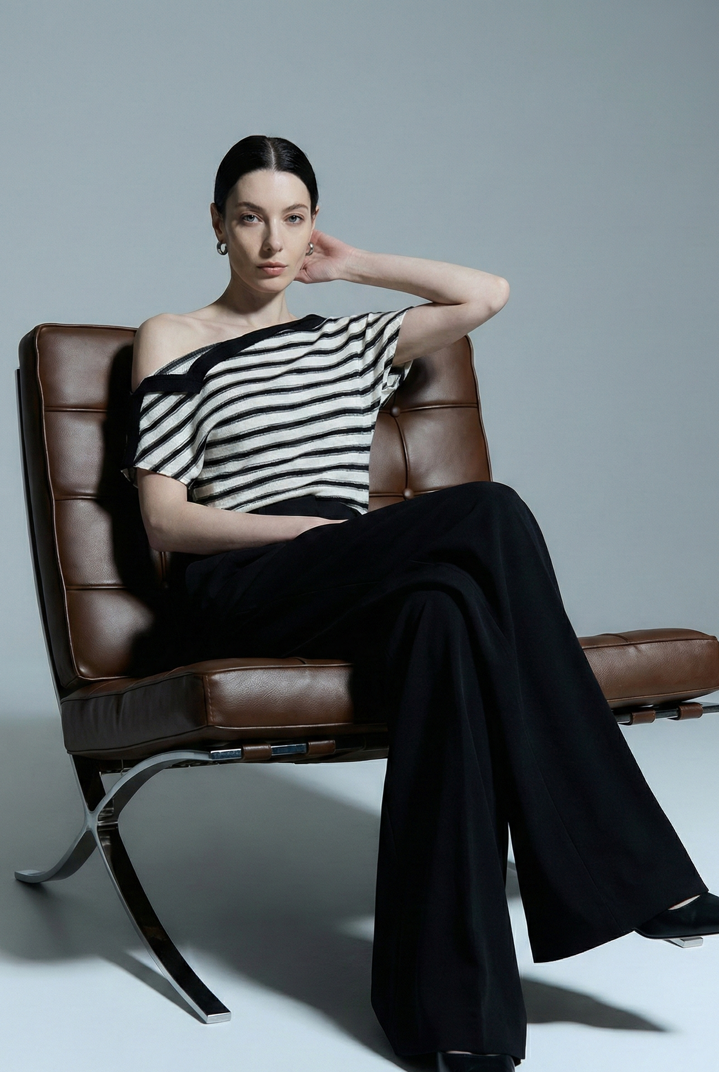 Knitted One-Shoulder Top - Irregular Striped Design