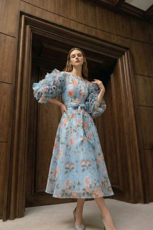 Polyester Vintage Rose Print Dress with Bubble Sleeves