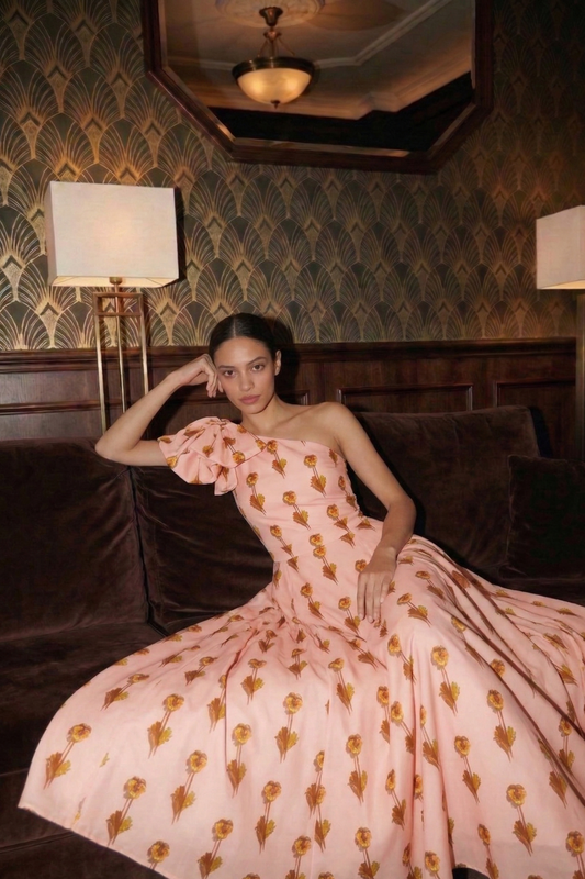 Polyester Asymmetrical Bow Dress - Shrimp Pink Print