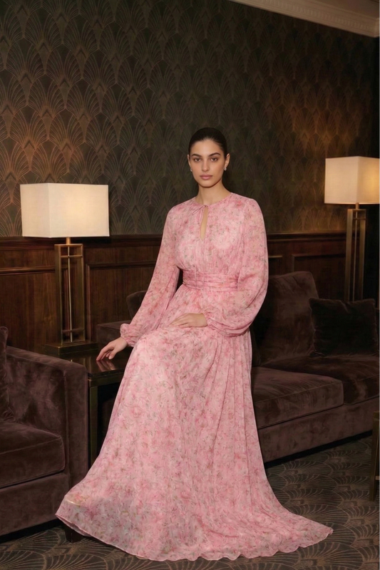 Viscose Long-Sleeve Lace-Up Floral Dress