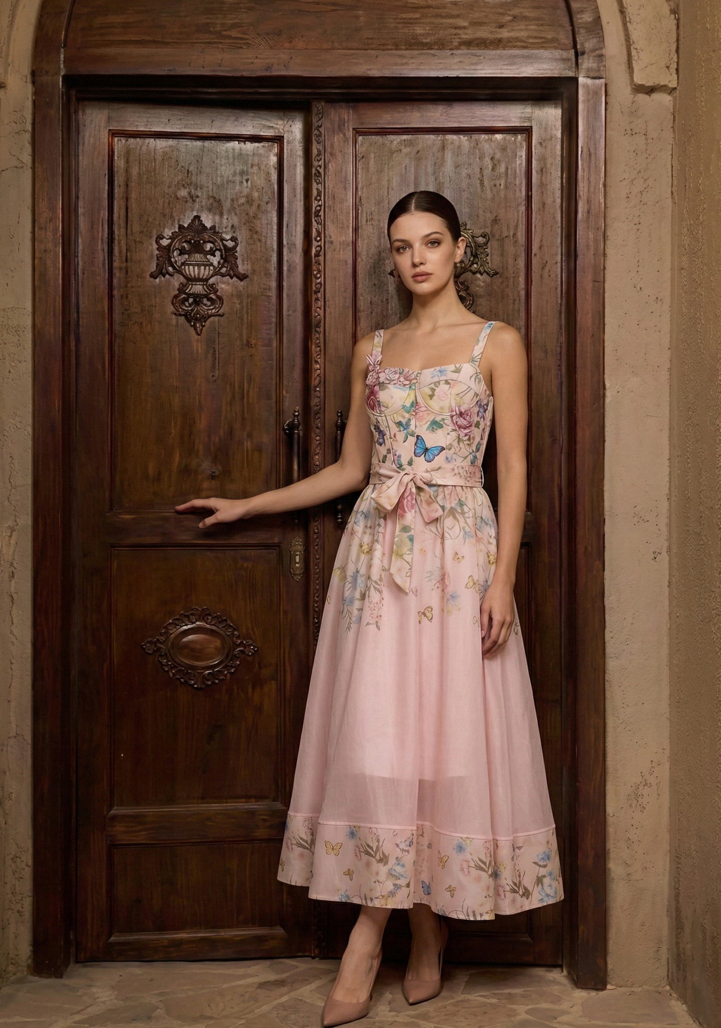 فستان بدون أكمام وبدون حمالات بطبعة زهور من البوليستر