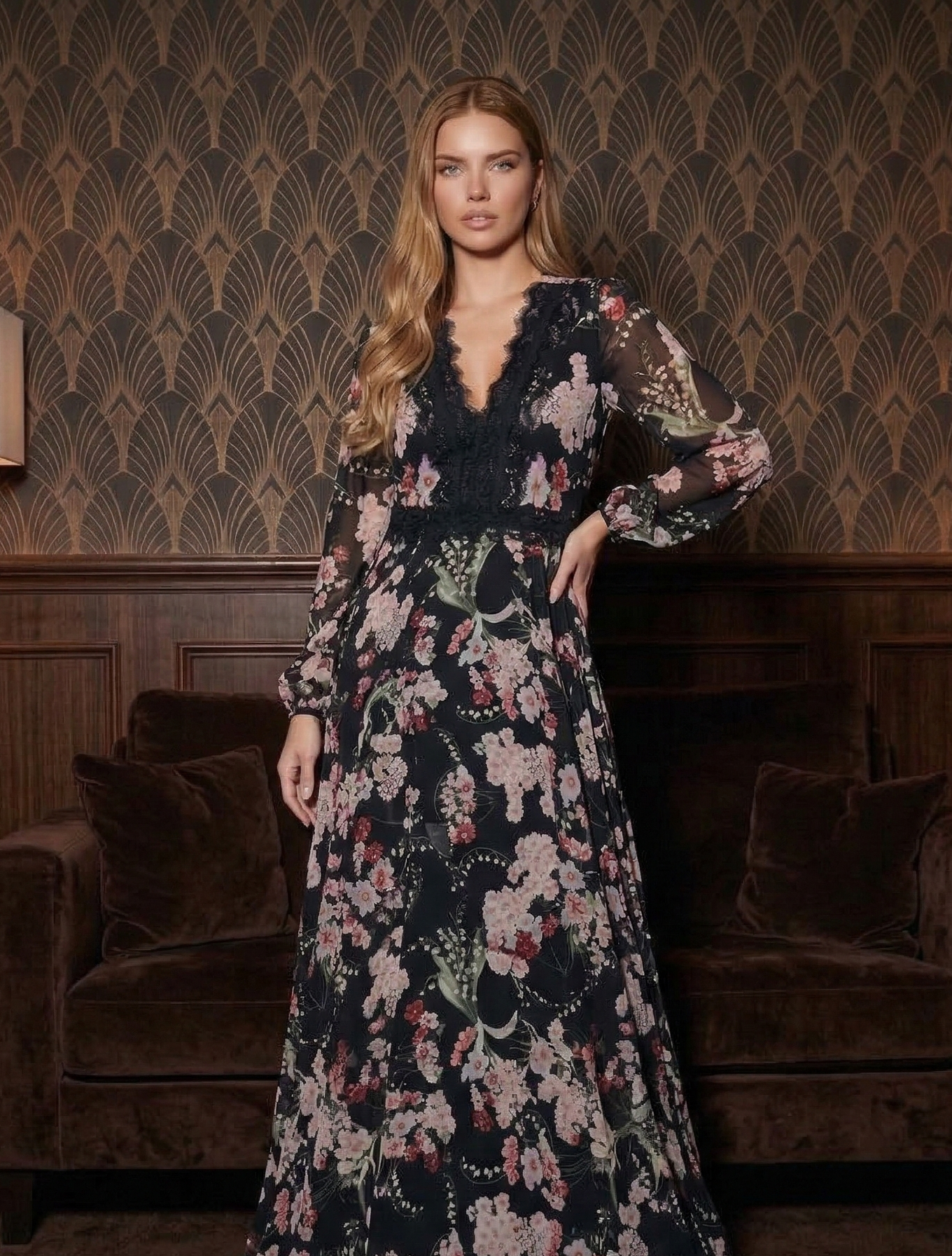 Cotton Lace Detail V-Neck Dress with Bow