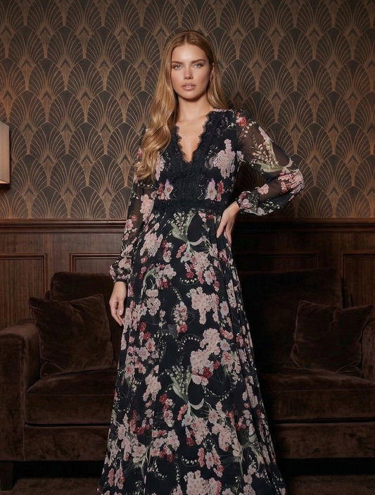 Cotton Lace Detail V-Neck Dress with Bow