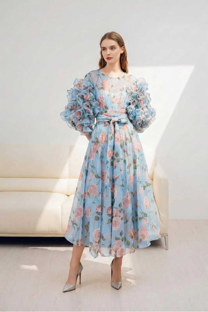 Polyester Vintage Rose Print Dress with Bubble Sleeves