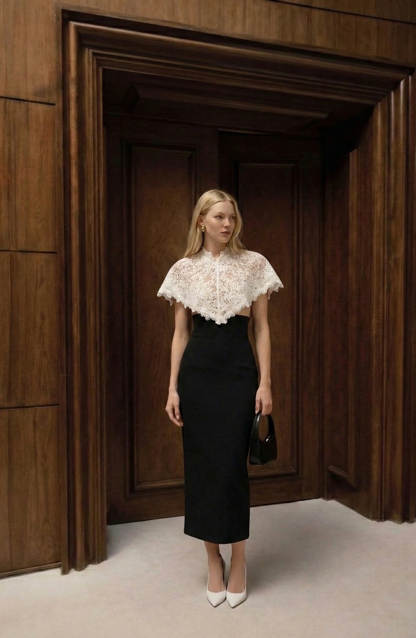 聚酯蕾絲拼接披肩包身裙