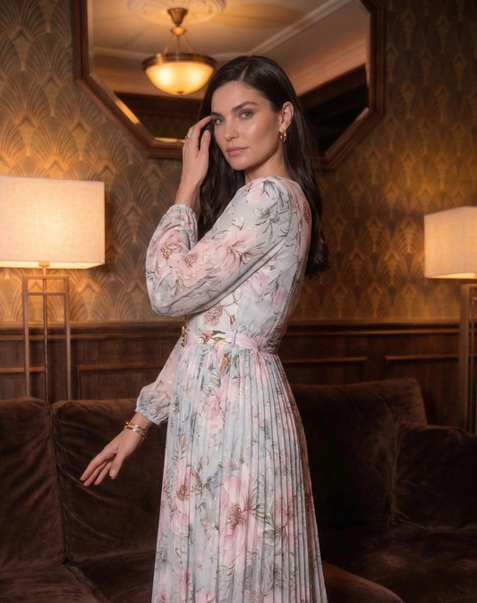 Polyester Printed Ankle-Length Dress with Long Sleeves