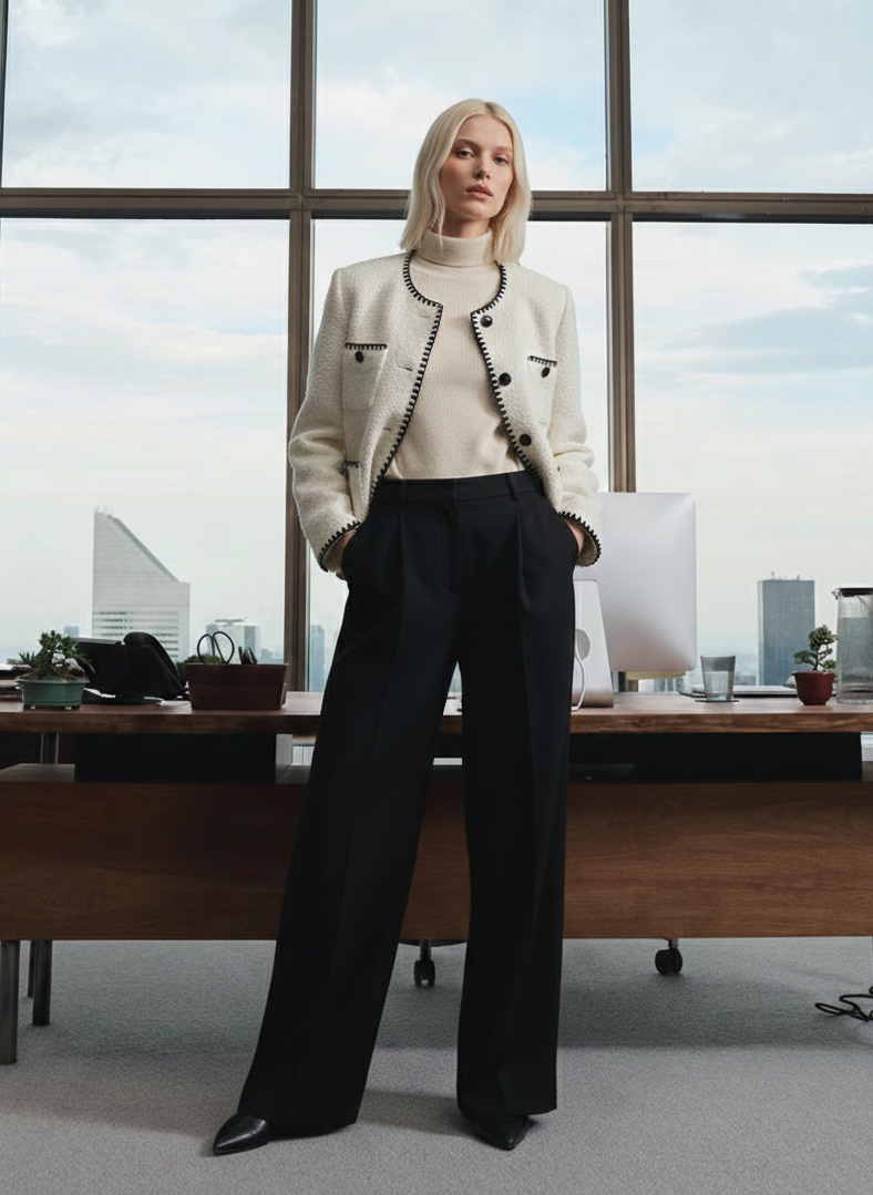 羊毛冬季大衣 - 海軍藍領拼色設計