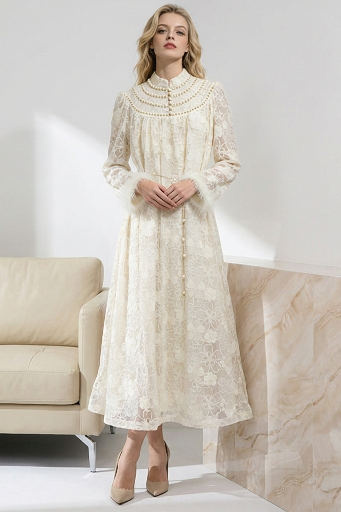 Lace Embroidered Long Dress with Stand-Up Collar and Feather Cuffs