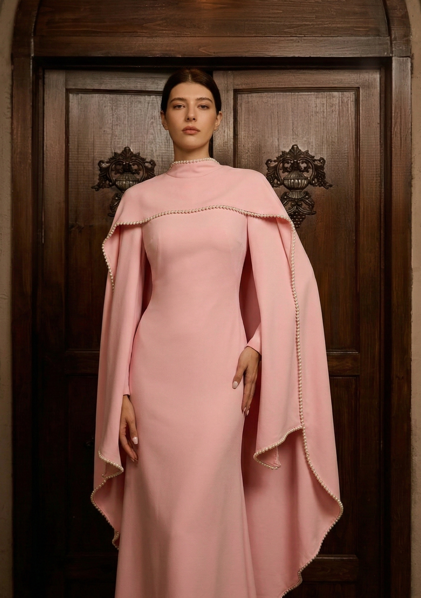 Polyester Long-Sleeved Dress with Shawl Design