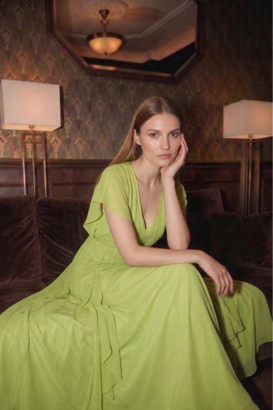 V-Neck Ruffle Sleeve Long Dress with Cinched Waist