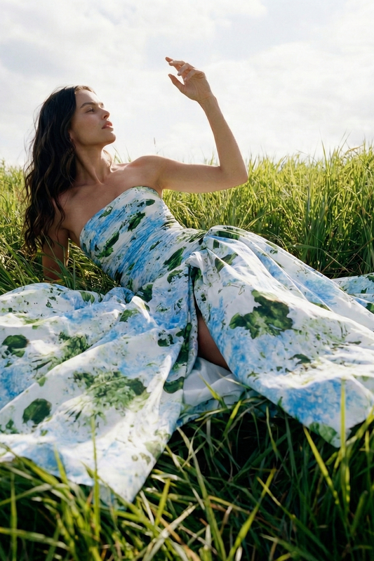 Printed Sleeveless Strapless Long Dress with Slit