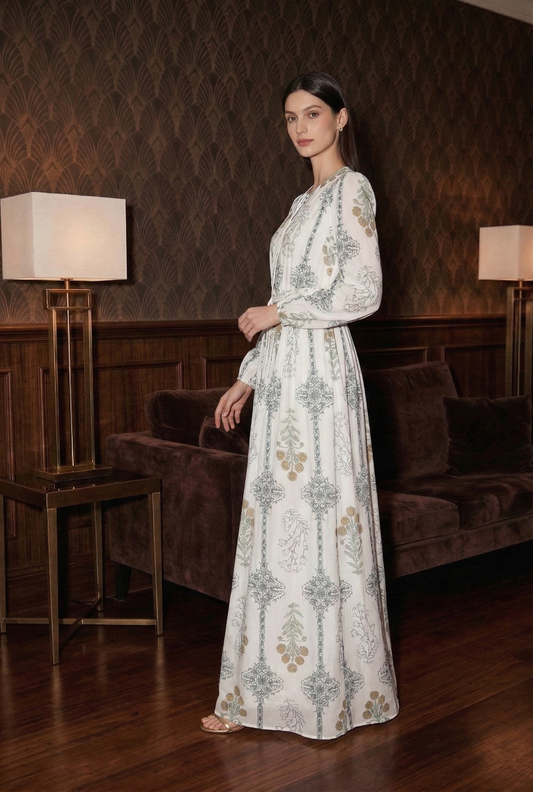 Polyester Floral Long Dress with Lace-Up Detail