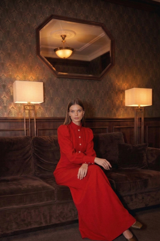 Polyester A-Line Dress with Lantern Sleeves