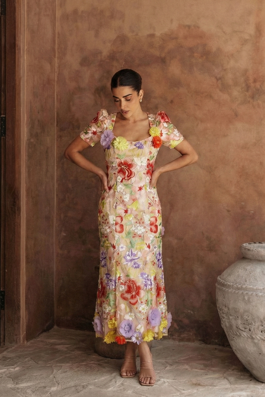 Polyester Floral Embroidered Dress with Puff Sleeves