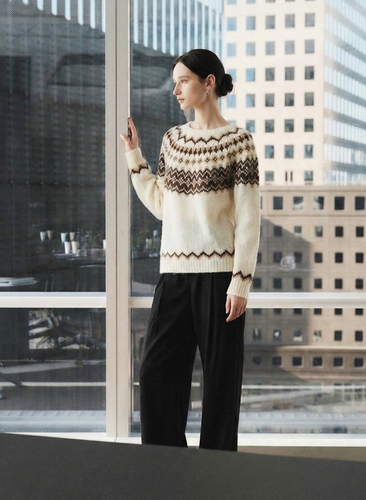 كنزة جاكار محبوكة - ياقة دائرية بلون متباين بأسلوب رجعي