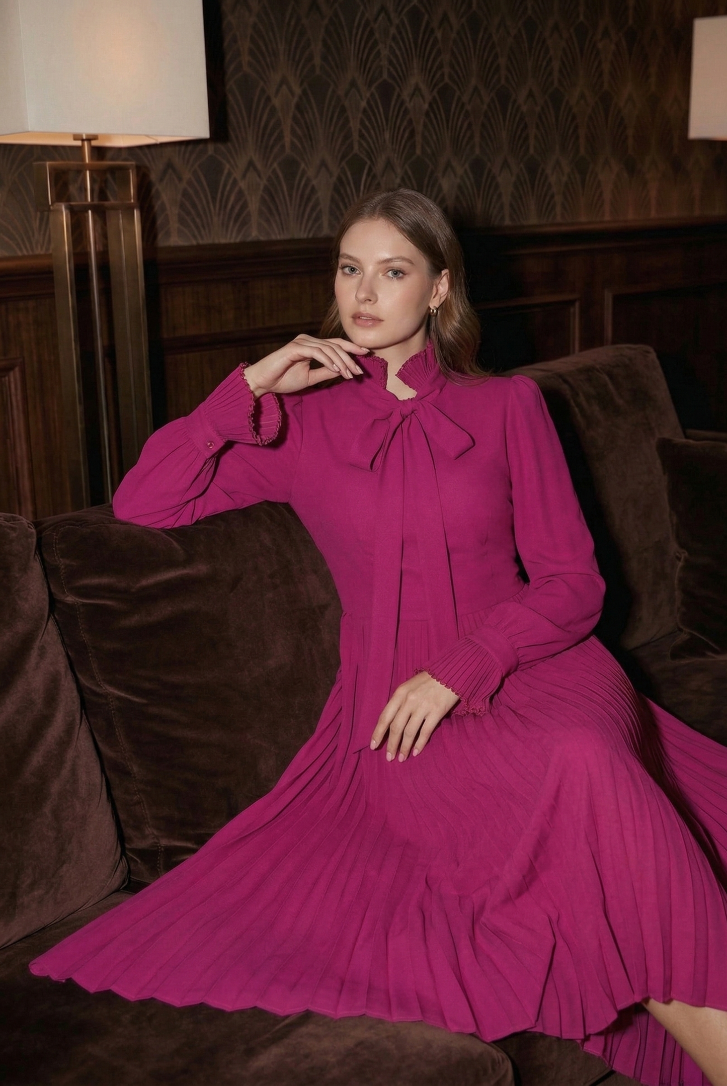 Polyester Long-Sleeve Dress with Pleated Skirt and Tie-Neck