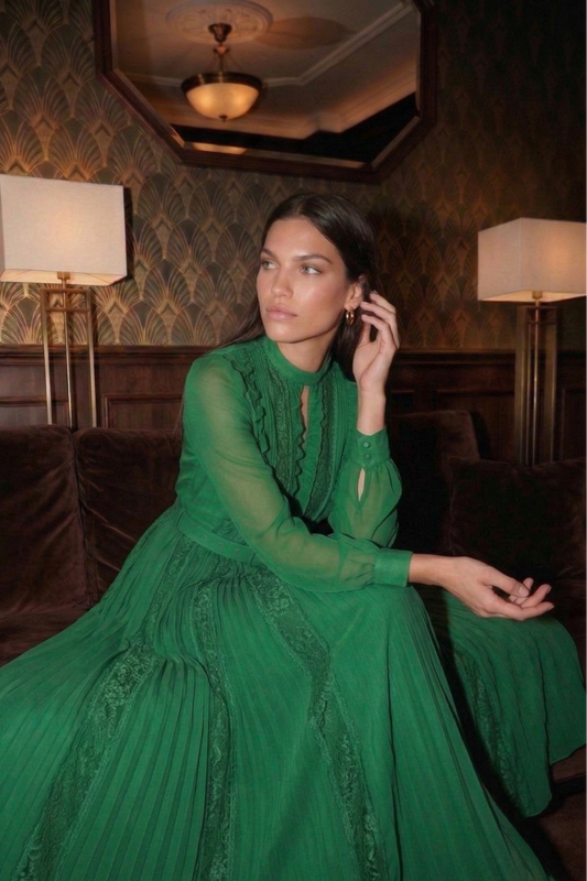 Polyester Lace Stitching Green Long Dress with Tie Waist