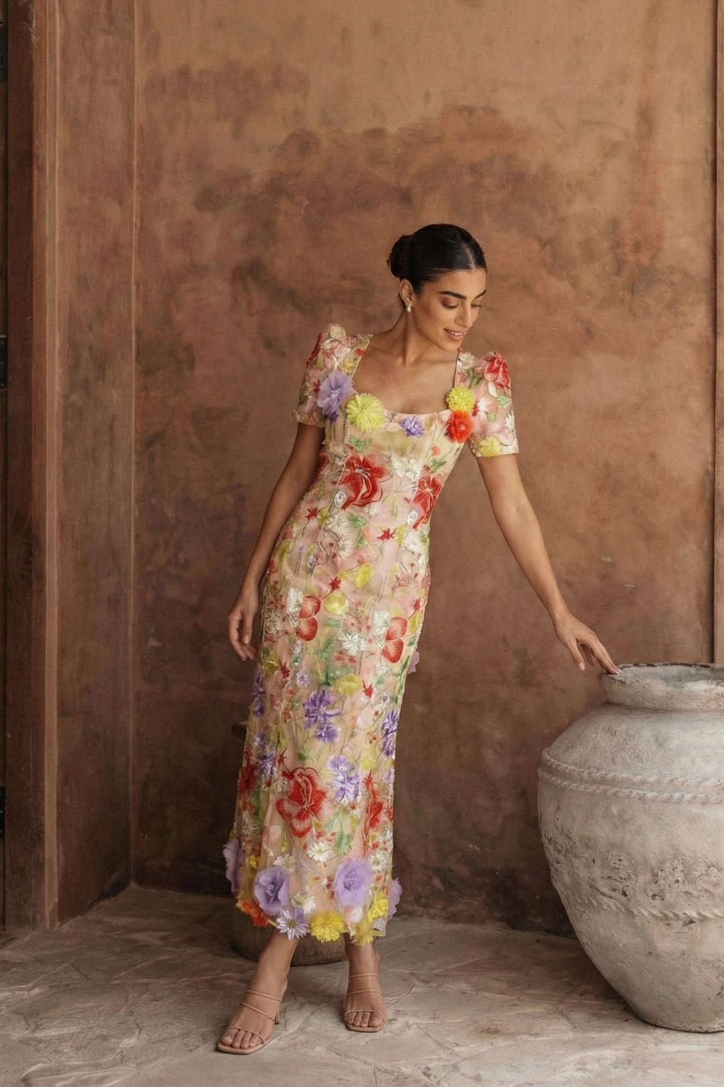 Polyester Floral Embroidered Dress with Puff Sleeves