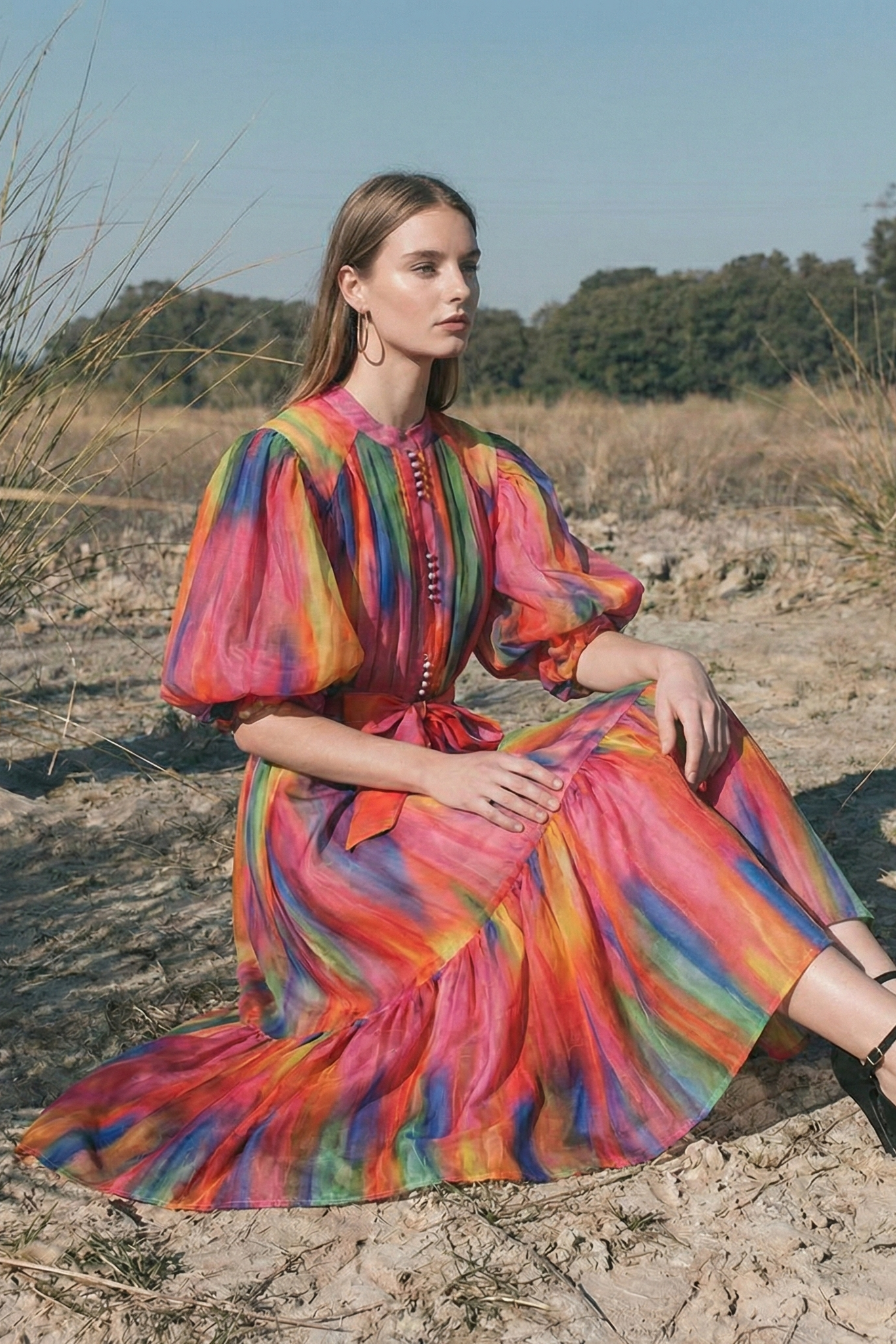 Polyester Long Dress with Waist Tie and Elegant Print