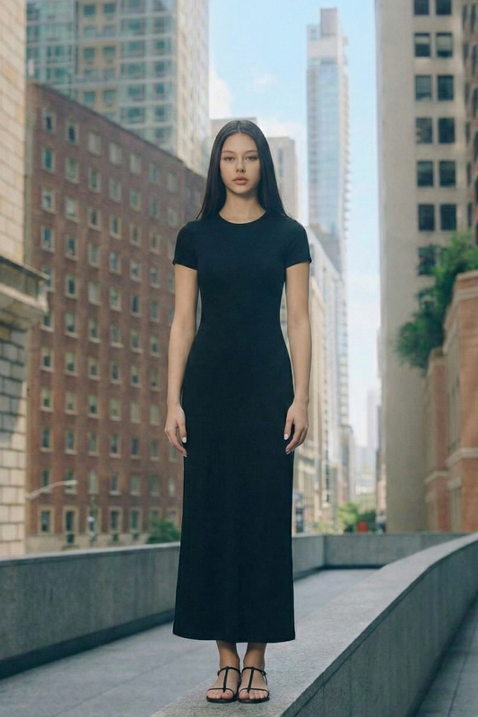 Viscose Bodycon Dress with Round Neck and Short Sleeves