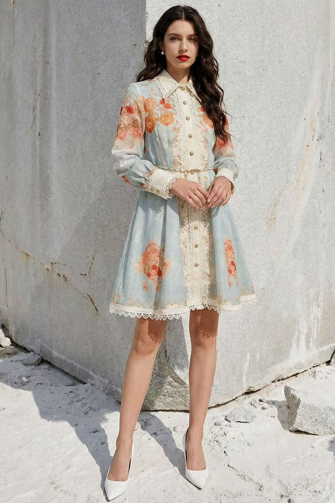 Polyester Long-Sleeve Printed Dress with Lace Design
