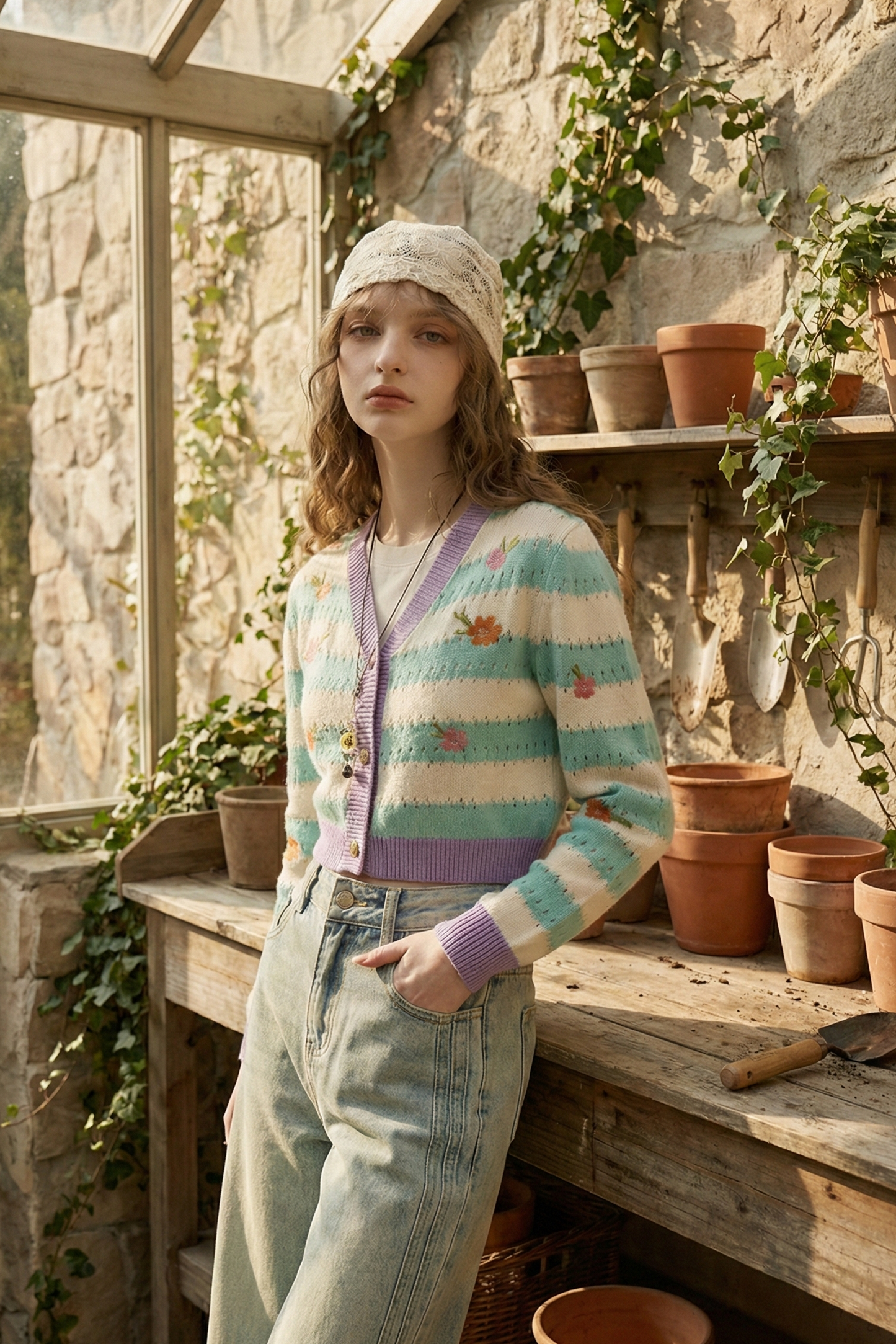 Viscose Striped Color-Block Embroidered Knitted Cardigan