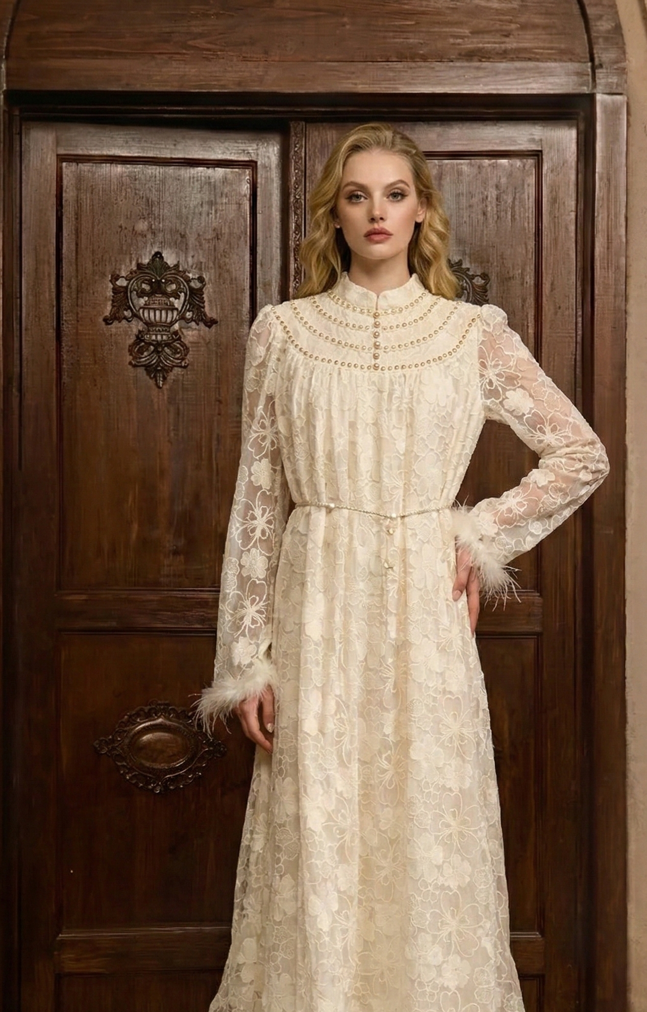 蕾絲刺繡立領羽毛袖長裙