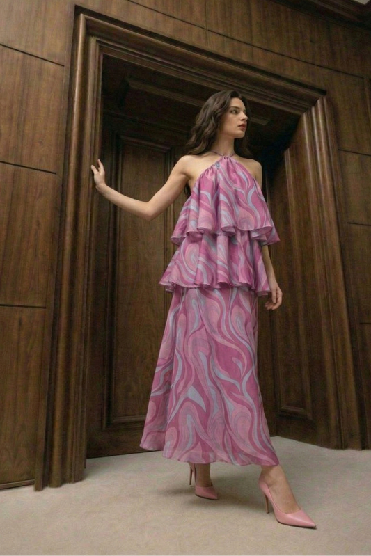 Halter Neck Dress with Wave Texture and Ruffles