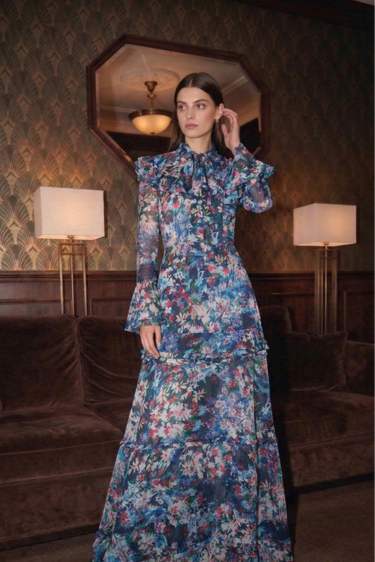 Polyester Long Floral Dress with Tie-Neck