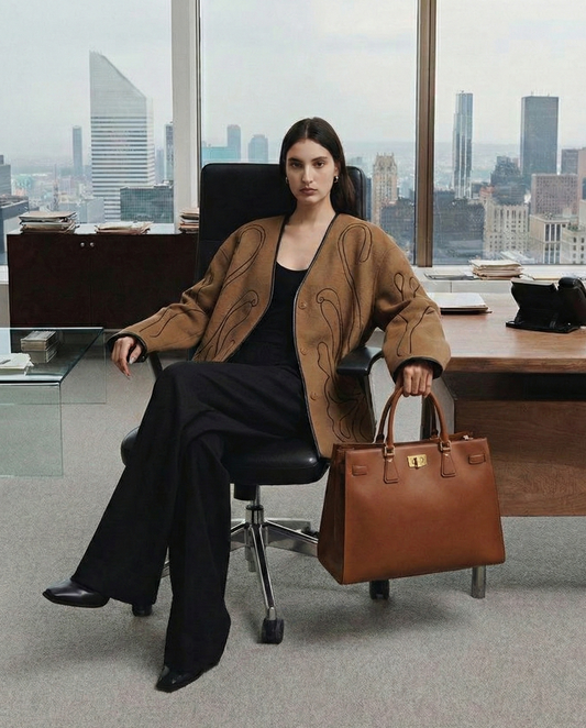 معطف صوفي مطرز - تصميم قصير بياقة V كبيرة