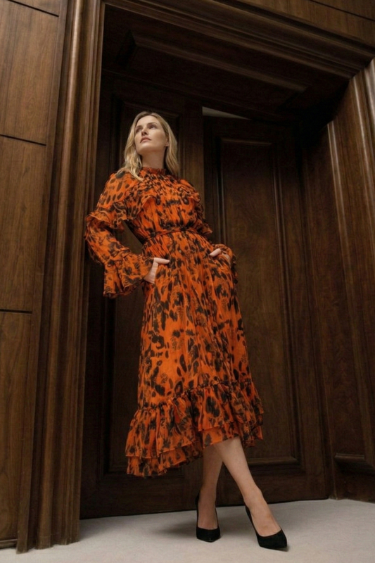 Polyester Leopard Print Midi Dress with Tie-Waist and Bell Sleeves