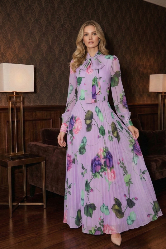 Mulberry Silk Long Dress with Pleated Design and Tie-Neck
