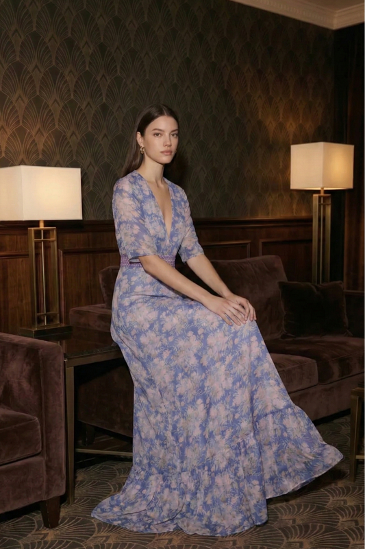 Polyester Floral Print Maxi Dress with V-Neck