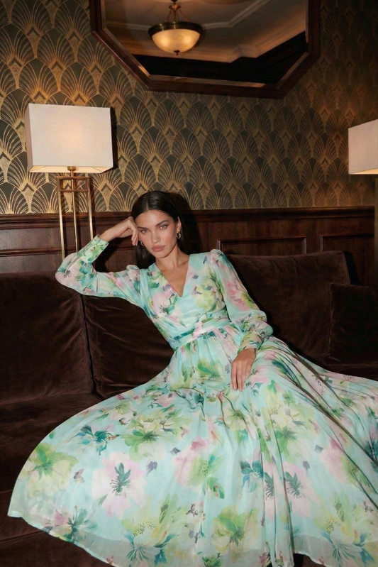 Polyester Green Printed Dress with V-Neck and Lantern Sleeves