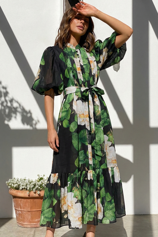 Polyester Puff Sleeve Long Dress with Lace-Up Waist