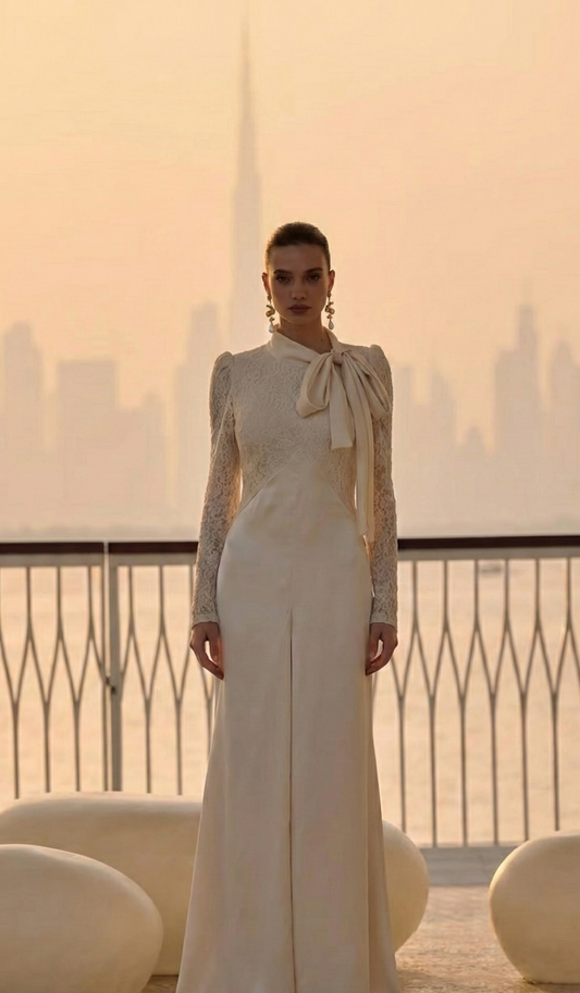 Elegant White Bow Neck Lace Maxi Dress