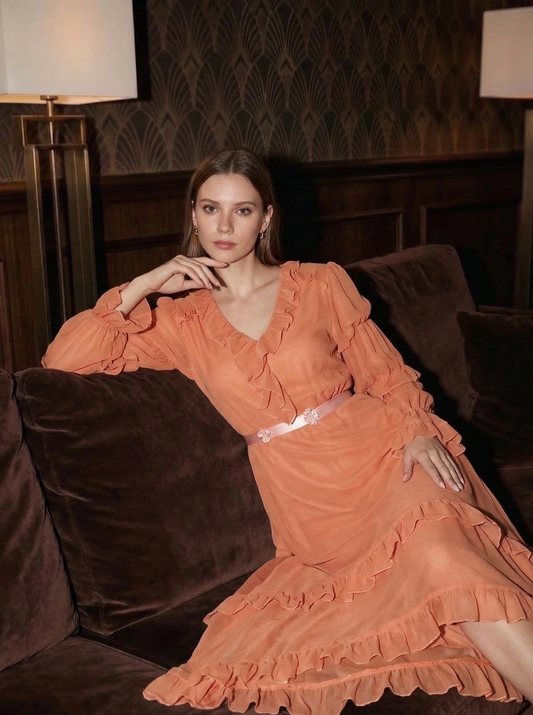 Polyester Asymmetrical V-Neck Ruffle Dress