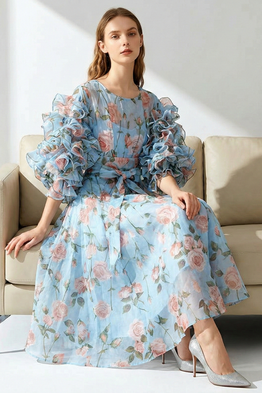 Polyester Vintage Rose Print Dress with Bubble Sleeves