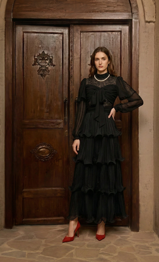 Polyester Vintage Ruffle Dress with Bow Decoration