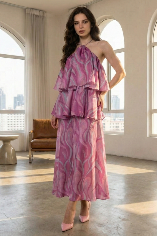 Halter Neck Dress with Wave Texture and Ruffles