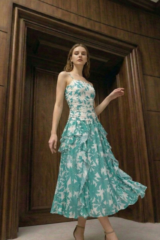 Polyester Strapless Vintage Long Dress with Artistic Print