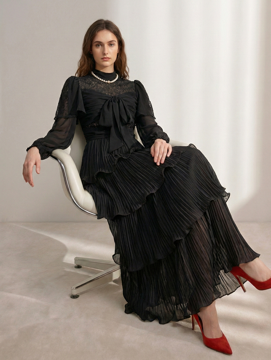 Polyester Vintage Ruffle Dress with Bow Decoration