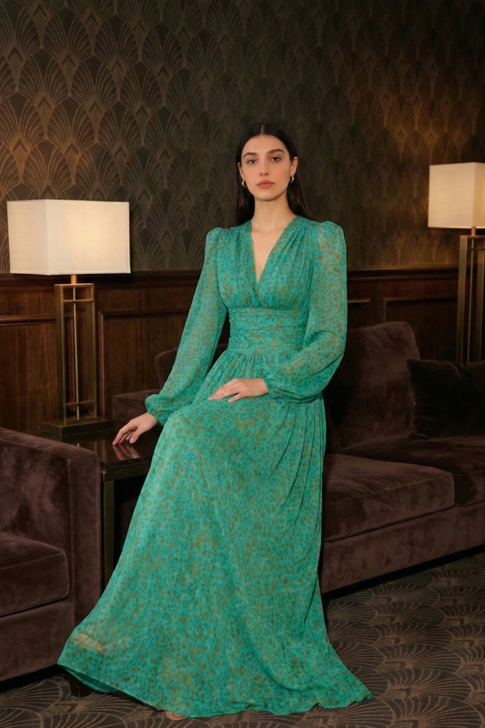 Polyester Leopard Print Long Dress with Elastic Waist