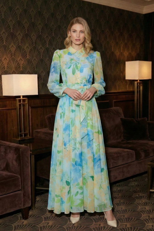 Polyester Floral Long Dress with Faux Two-Piece Design