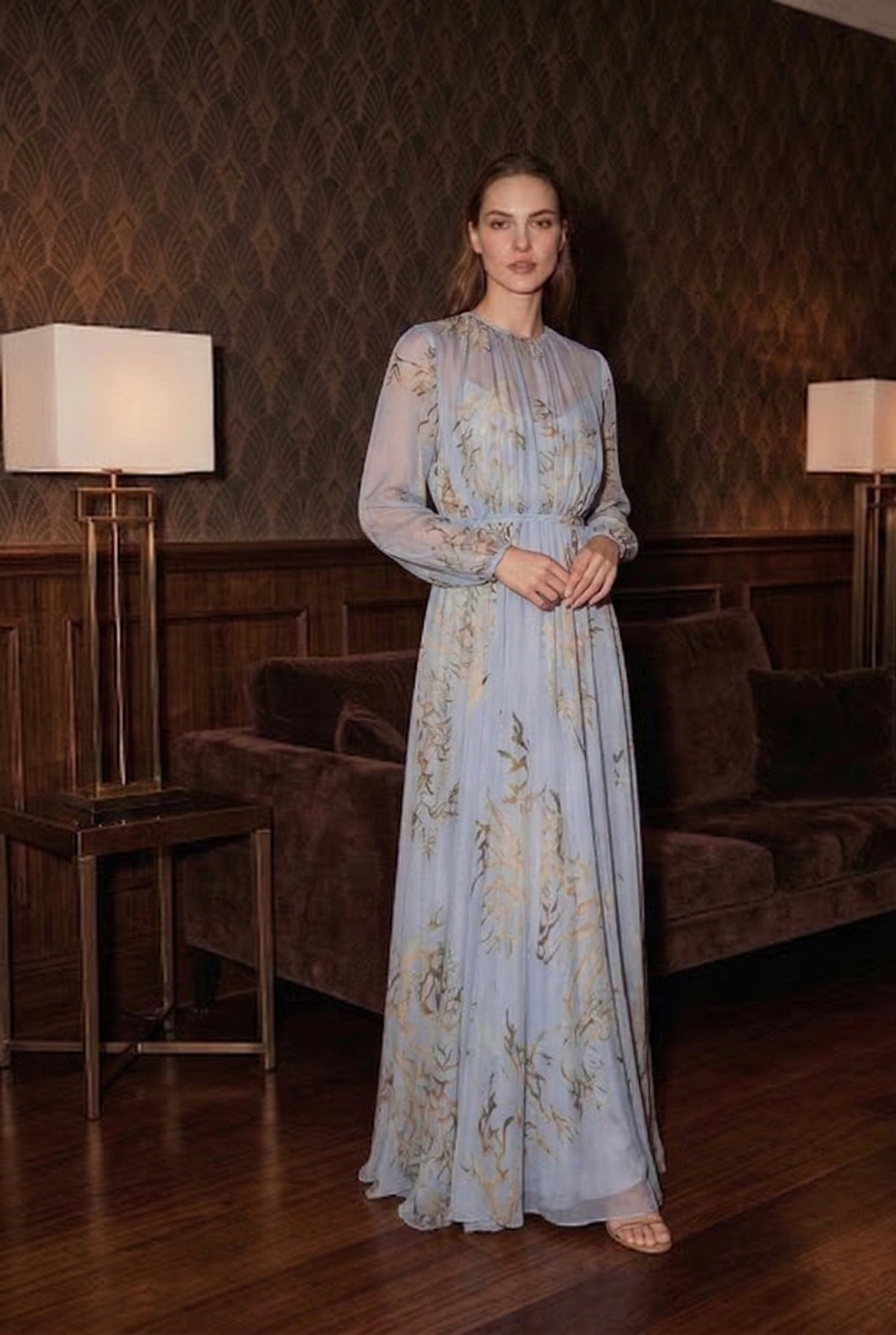 Cotton Long Dress with Lantern Sleeves and Floral Print