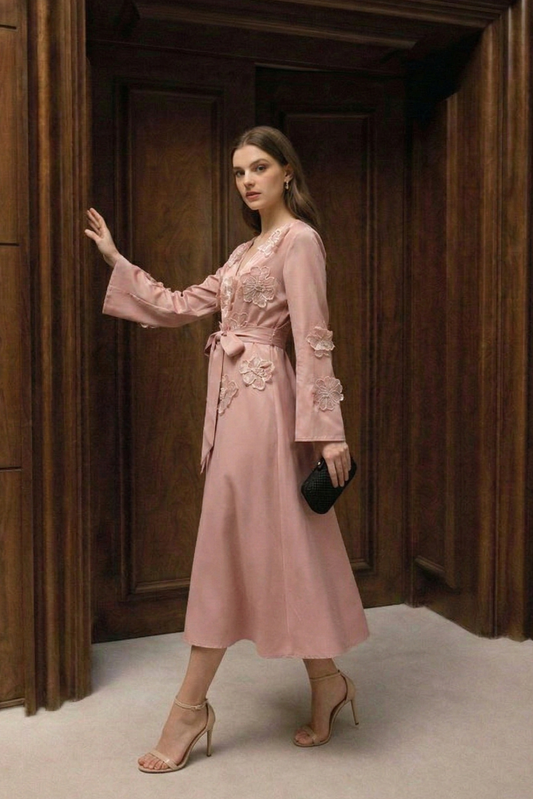 Polyester Floral Patchwork Long Ruffle Dress with Tie Design