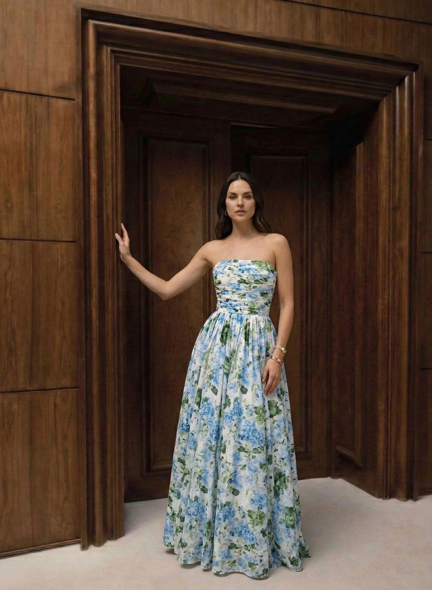 Printed Sleeveless Strapless Long Dress with Slit